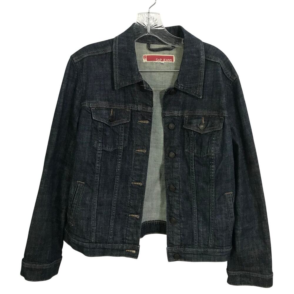 Vintage GAP JEANS Red Tag Denim Jacket 90s Dark Wash Y2K Trucker Jacket Large